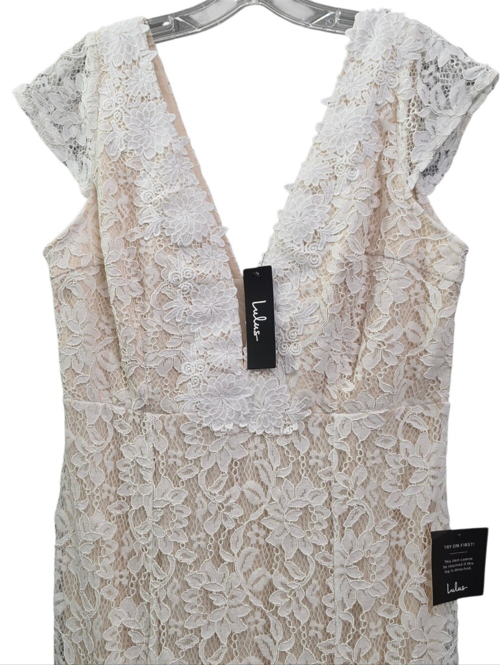 Nwt Lulu's Icing On The Cake Cap Sleeve Deep V Ivory  Floral Lace Wedding Dress - Picture 9 of 17